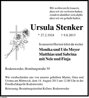 Traueranzeige von Ursula Stenker von Deister- und Weserzeitung
