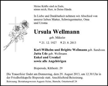 Traueranzeige von Ursula Wellmann von Deister- und Weserzeitung