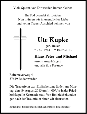Traueranzeige von Ute Kupke von Deister- und Weserzeitung