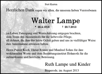 Traueranzeige von Walter Lampe von Deister- und Weserzeitung