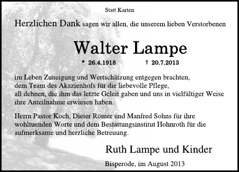  Traueranzeige für Walter Lampe vom 10.08.2013 aus Deister- und Weserzeitung