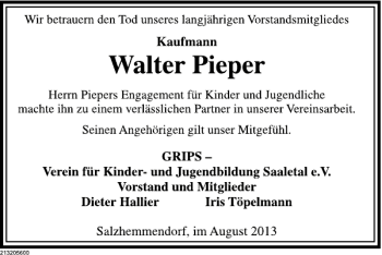 Traueranzeige von Walter Pieper / Grips von Deister- und Weserzeitung