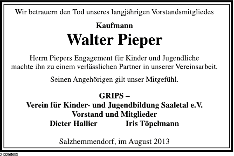  Traueranzeige für Walter Pieper / Grips vom 24.08.2013 aus Deister- und Weserzeitung