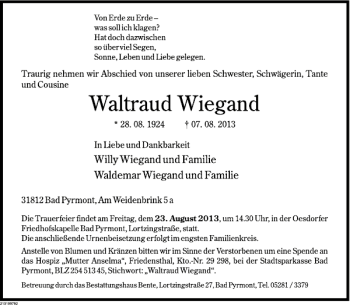 Traueranzeige von Waltraud Wiegand von Deister- und Weserzeitung