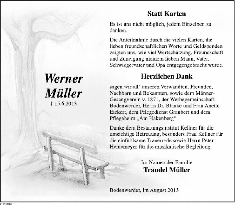  Traueranzeige für Werner Müller vom 03.08.2013 aus Deister- und Weserzeitung
