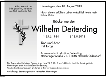 Traueranzeige von Wilhelm Deiterding von Deister- und Weserzeitung