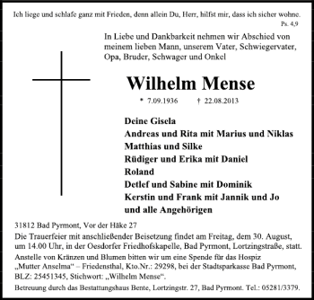 Traueranzeige von Wilhelm Mense von Deister- und Weserzeitung