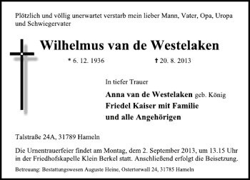 Traueranzeige von Wilhelmus van de Westelaken von Deister- und Weserzeitung