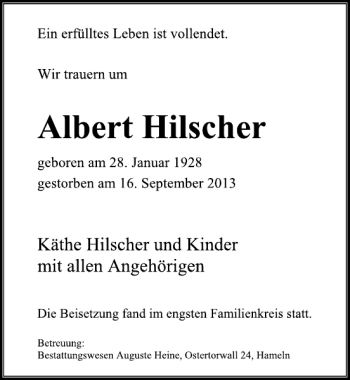 Traueranzeige von Albert Hilscher von Deister- und Weserzeitung