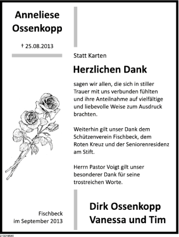 Traueranzeige von Anneliese Ossenkopp von Deister- und Weserzeitung