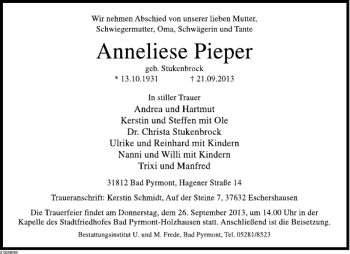 Traueranzeige von Anneliese Pieper von Deister- und Weserzeitung