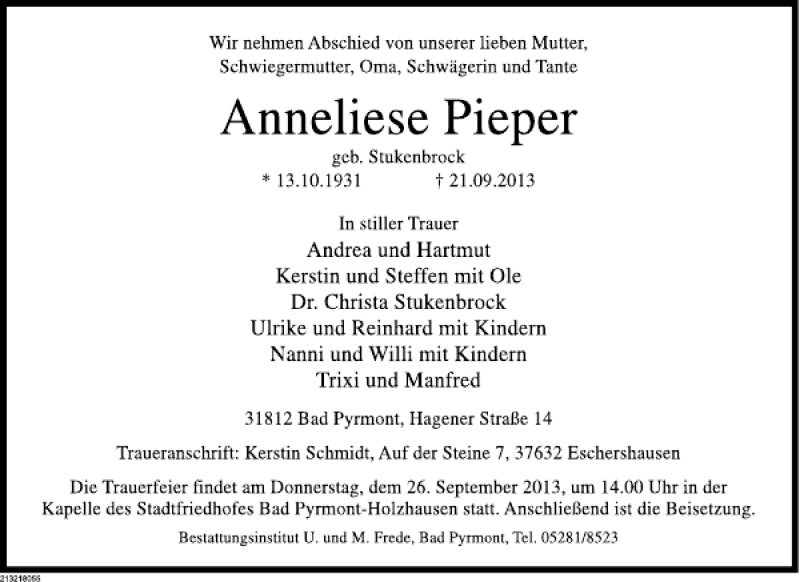 Traueranzeige für Anneliese Pieper vom 24.09.2013 aus Deister- und Weserzeitung