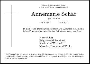 Traueranzeige von Annemarie Schär von Deister- und Weserzeitung