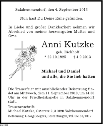 Traueranzeige von Anni Kutzke von Deister- und Weserzeitung