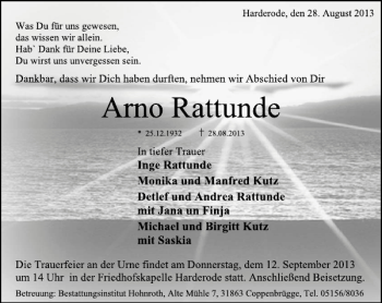 Traueranzeige von Arno Rattunde von Deister- und Weserzeitung