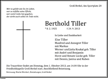 Traueranzeige von Berthold Tiller von Deister- und Weserzeitung