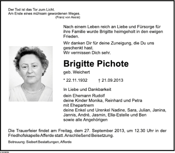 Traueranzeige von Brigitte Pichote von Deister- und Weserzeitung