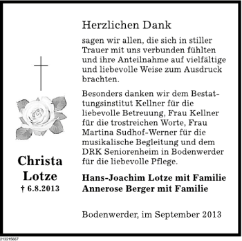 Traueranzeige von Christa Lotze von Deister- und Weserzeitung