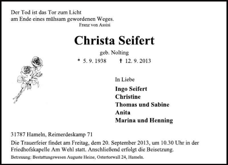  Traueranzeige für Christa Seifert vom 18.09.2013 aus Deister- und Weserzeitung