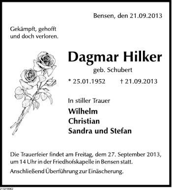Traueranzeige von Dagmar Hilker von Deister- und Weserzeitung