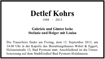 Traueranzeige von Detlef Kohrs von Deister- und Weserzeitung