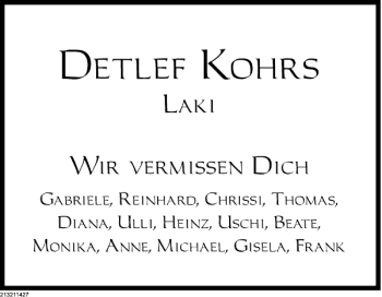Traueranzeige von Detlef Kohrs von Deister- und Weserzeitung