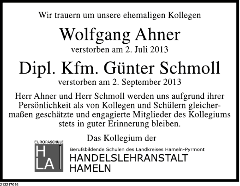 Traueranzeige für Dipl. Kfm. Günter Schmoll vom 21.09.2013 aus Deister- und Weserzeitung