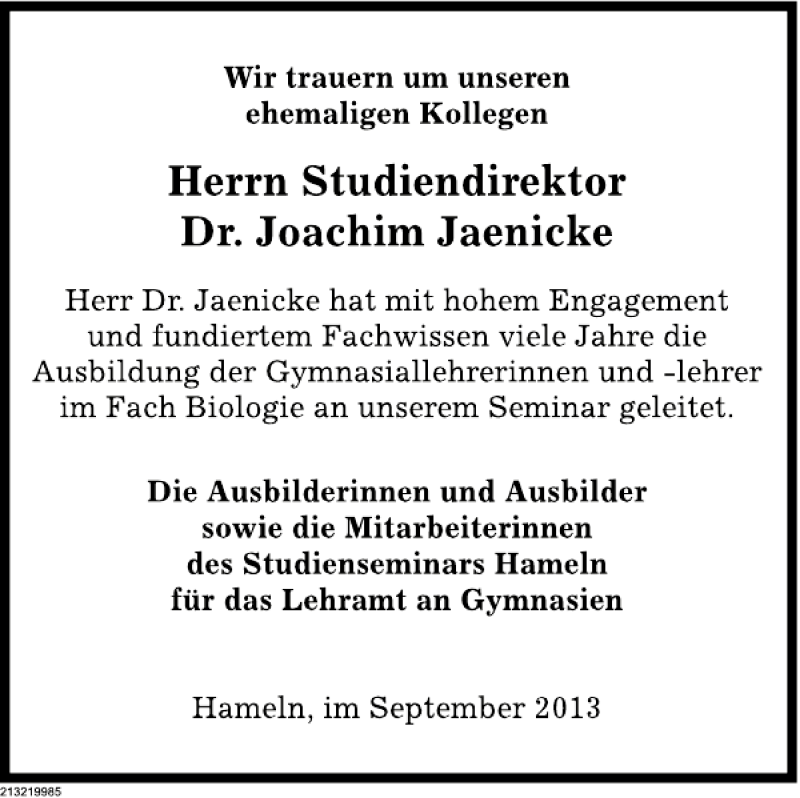  Traueranzeige für Dr. Joachim Jaenicke vom 28.09.2013 aus Deister- und Weserzeitung