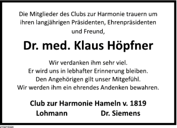 Traueranzeige von Dr. med. Klaus Höpfner von Deister- und Weserzeitung