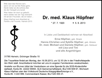 Traueranzeige von Dr. med. Klaus Höpfner von Deister- und Weserzeitung
