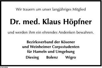 Traueranzeige von Dr. med. Klaus Höpfner von Deister- und Weserzeitung