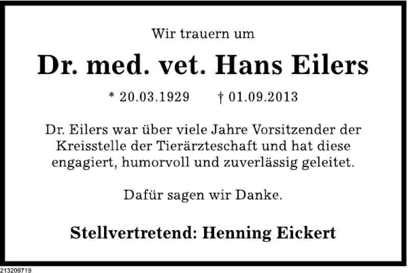  Traueranzeige für Dr. med. vet. Hans Eilers vom 04.09.2013 aus Deister- und Weserzeitung
