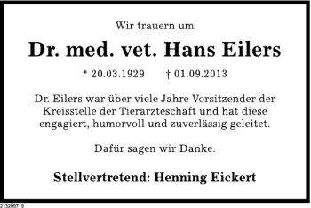 Traueranzeige von Dr. med. vet. Hans Eilers von Deister- und Weserzeitung
