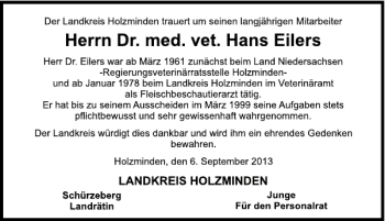 Traueranzeige von Dr. med vet. Hans Eilers von Deister- und Weserzeitung