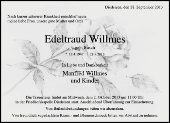 Traueranzeige von Edeltraud Willmes von Deister- und Weserzeitung