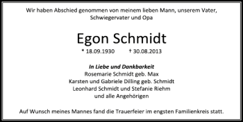 Traueranzeige von Egon Schmidt von Deister- und Weserzeitung