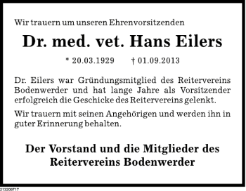 Traueranzeige von Ehrenvorsitzenden Dr. Eilers von Deister- und Weserzeitung