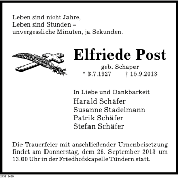 Traueranzeige von Elfriede Post von Deister- und Weserzeitung