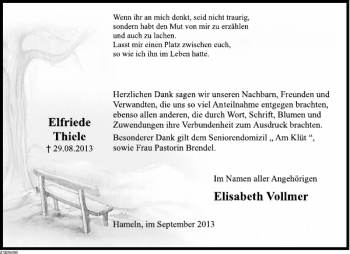 Traueranzeige von Elfriede Thiele von Deister- und Weserzeitung