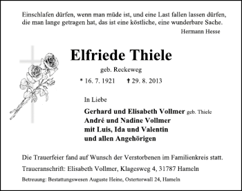 Traueranzeige von Elfriede Thiele von Deister- und Weserzeitung