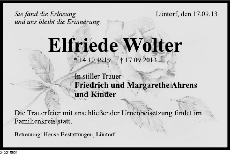  Traueranzeige für Elfriede Wolter vom 19.09.2013 aus Deister- und Weserzeitung