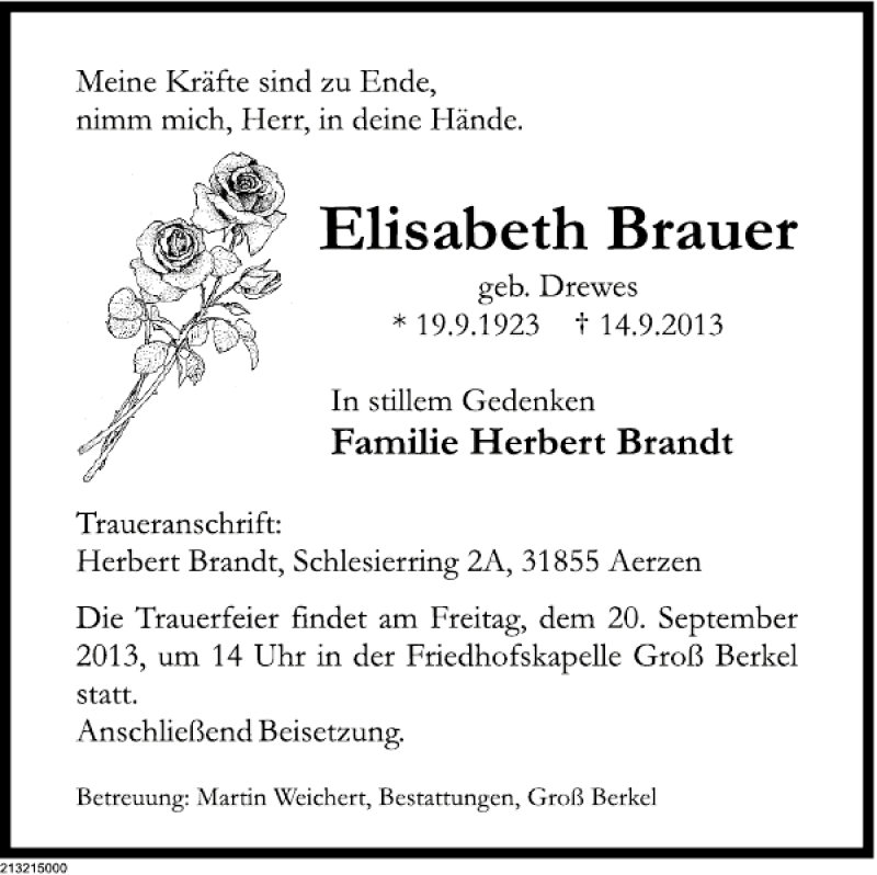  Traueranzeige für Elisabeth Brauer vom 18.09.2013 aus Deister- und Weserzeitung