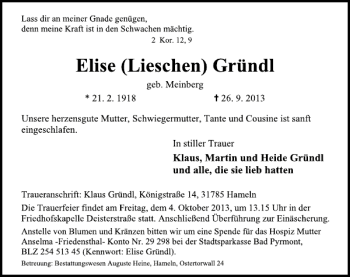 Traueranzeige von Elise Gründl von Deister- und Weserzeitung