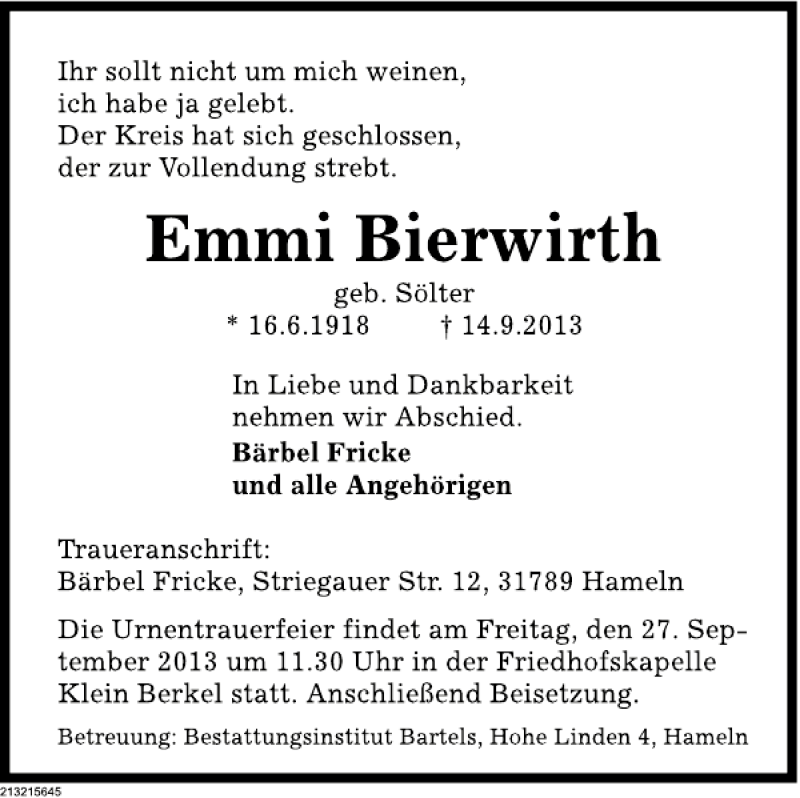  Traueranzeige für Emmi Bierwirth vom 19.09.2013 aus Deister- und Weserzeitung