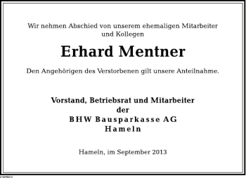 Traueranzeige von Erhard Mentner von Deister- und Weserzeitung
