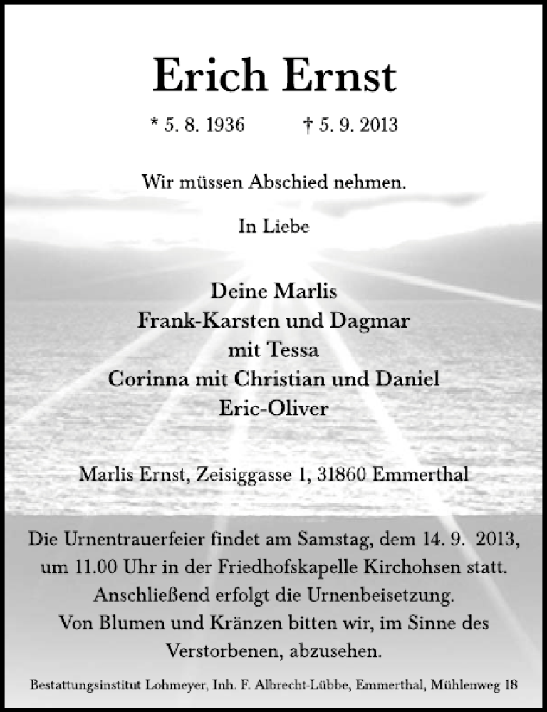  Traueranzeige für Erich Ernst vom 11.09.2013 aus Deister- und Weserzeitung