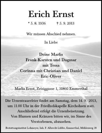 Traueranzeige von Erich Ernst von Deister- und Weserzeitung