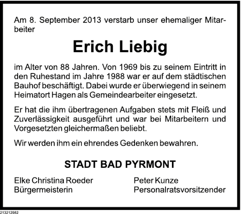  Traueranzeige für Erich Liebig vom 12.09.2013 aus Deister- und Weserzeitung