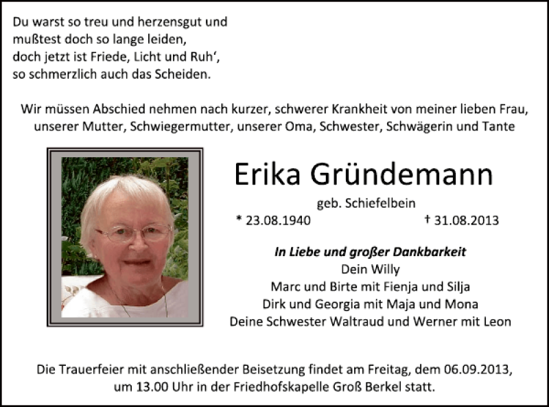  Traueranzeige für Erika Gründemann vom 04.09.2013 aus Deister- und Weserzeitung