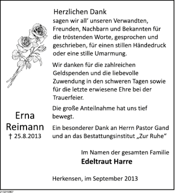 Traueranzeige von Erna Reimann von Deister- und Weserzeitung